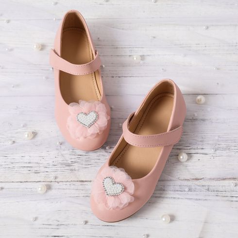 Toddler / Kid Faux Pearl Heart & Mesh Floral Decor Fashion Flats