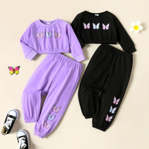 2pcs Toddler Girl Butterfly Print Crop Sweatshirt and Elasticized Pants Set