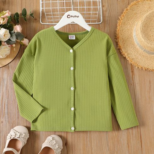 Kid Girl Button Design Ribbed Green Knit Jacket