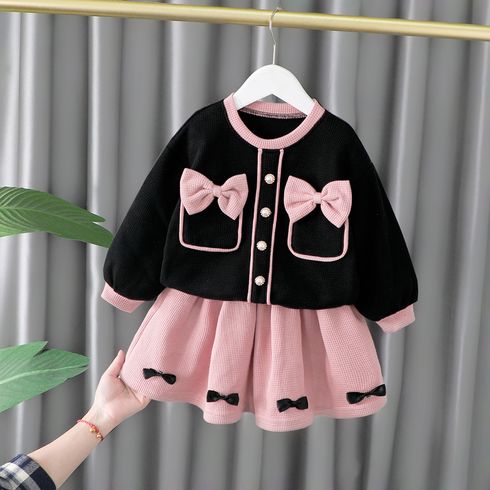 2pcs Kid Girl Tweed Bowknot Design Pullover and Pink Skirt Set