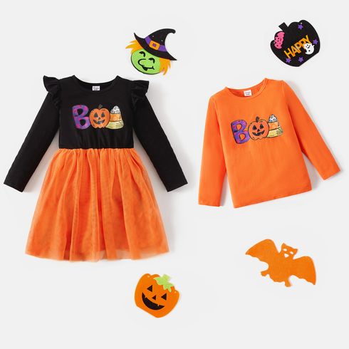 Halloween Sibling Matching Long-sleeve Graphic Mesh Dress and Tee