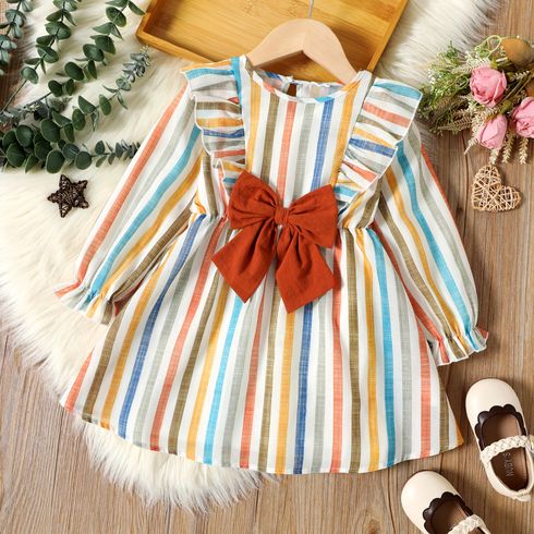 Toddler Girl Stripe Ruffled Bowknot Design Long-sleeve Dress