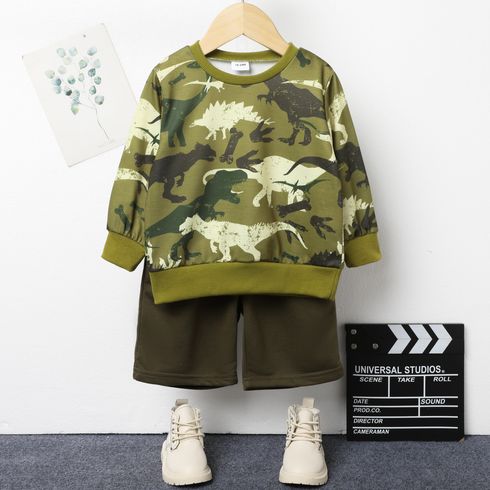 2pcs Toddler Boy Animal Dinosaur Print Sweatshirt and Green Shorts Set