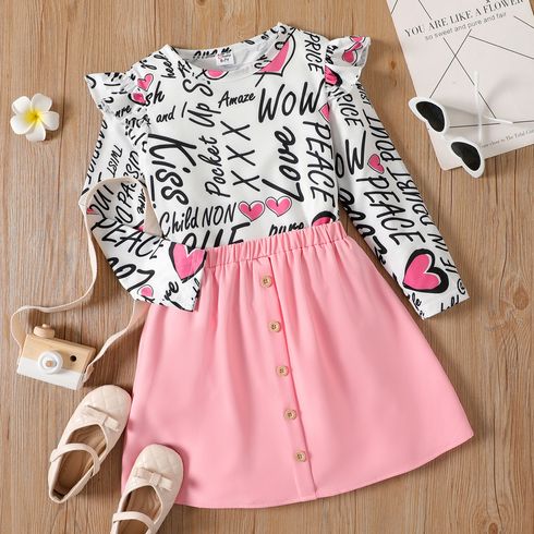2pcs Kid Girl Letter Heart Print Ruffled Long-sleeve Tee Button Design Pink Skirt Set