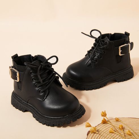Toddler Buckle Decor Lace Up Front Black Boots