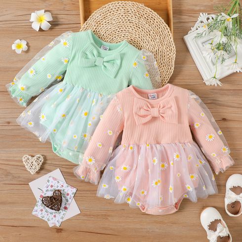 Baby Girl Allover Daisy Floral Print Mesh Spliced Rib Knit Bow Front Long-sleeve Romper