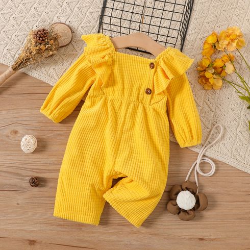 Baby Girl Button Front Yellow Textured Ruffle Trim Long-sleeve Jumpsuit