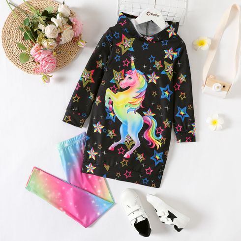 2pcs Kid Girl Colorful Unicorn Star Print Hooded Sweatshirt and Tie Dyed Leggings Set
