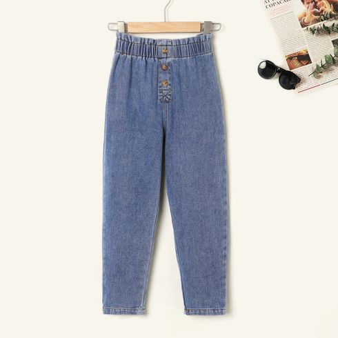 Kid Girl 100% Cotton Casual Button Design Blue Denim Jeans