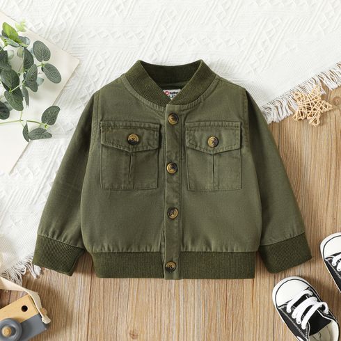 100% Cotton Baby Boy Button Front Army Green Long-sleeve Jacket