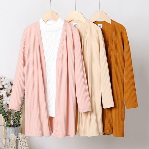 Kid Girl Solid Color Ribbed Open Front Midi Cardigan Coat