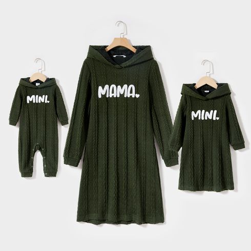 Letter Embroidered Army Green Cable Knit Long-sleeve Hoodie Dress for Mom and Me