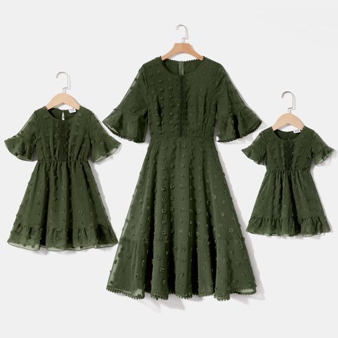 Mommy and Me Army Green Ruffle-sleeve Lace Detail Swiss Dot Dress