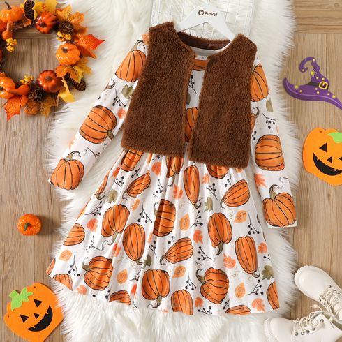 2pcs Kid Girl Halloween Pumpkin Print Long-sleeve Tee and Fleece Vest Set
