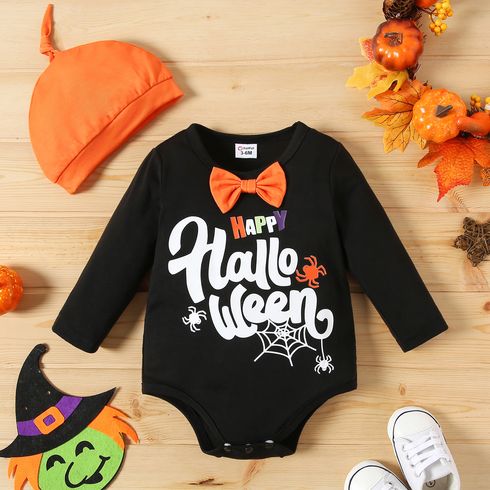 Halloween 2pcs Baby Boy/Girl Bow Tie Decor Letter Print Long-sleeve Romper with Hat Set
