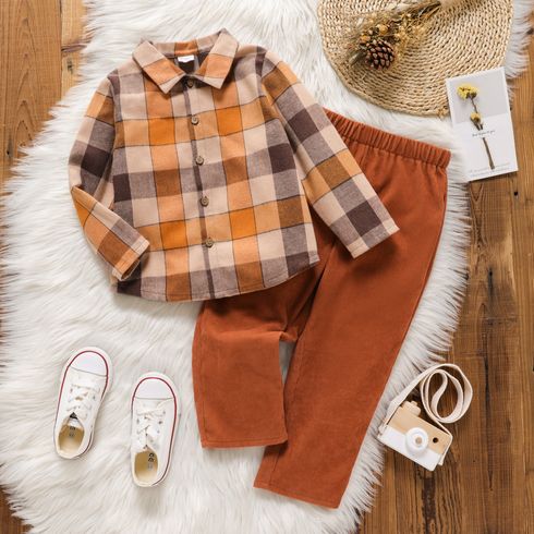 2pcs Toddler Boy Lapel Collar Plaid Long-sleeve Shirt and Brown Pants Set