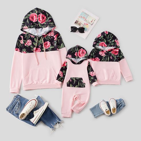 Floral Print Spliced Pink Long-sleeve Drawstring Hoodies for Mom and Me