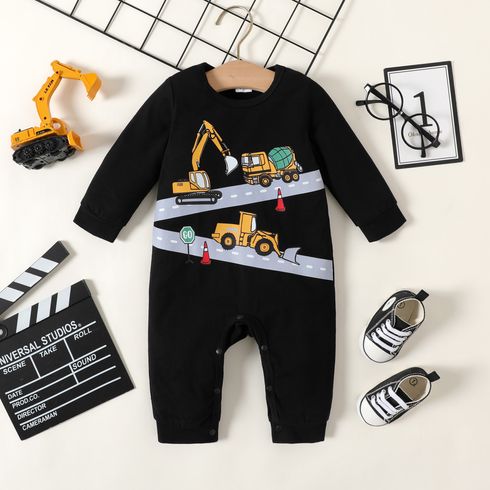 Baby Boy 95% Cotton Long-sleeve Construction Vehicle Print Black Jumpsuit