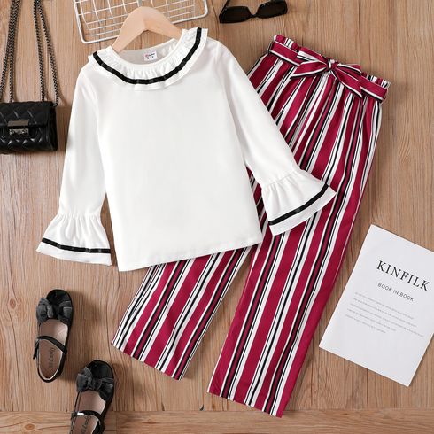 2pcs Kid Girl Flounce Collar Long Bell sleeves Blouse and Stripe Belted Pants Set