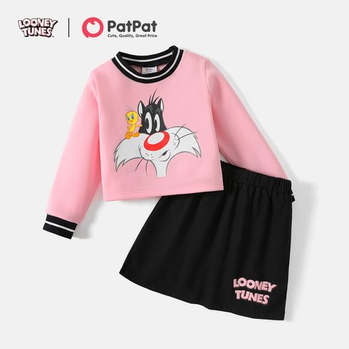 Looney Tunes 2pcs Kid Girl Striped Pink Sweatshirt and Letter Print Cotton Skirt Set