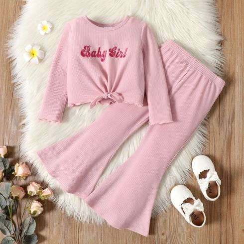 2pcs Toddler Girl Letter Embroidered Ribbed Tie Knot Pink Tee and Flared Pants Set