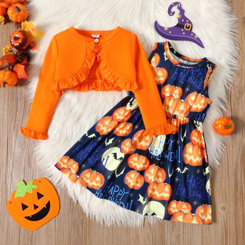 2pcs Toddler Girl Halloween Letter Pumpkin Print Sleeveless Dress and Ruffled Cardigan Set