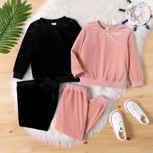 2pcs Toddler Girl Solid Color Velvet Pullover Sweatshirt and Pants Set