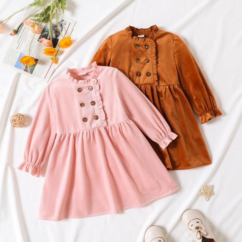 Toddler Girl Solid Color Ruffle Collar Button Design Long-sleeve Velvet Dress
