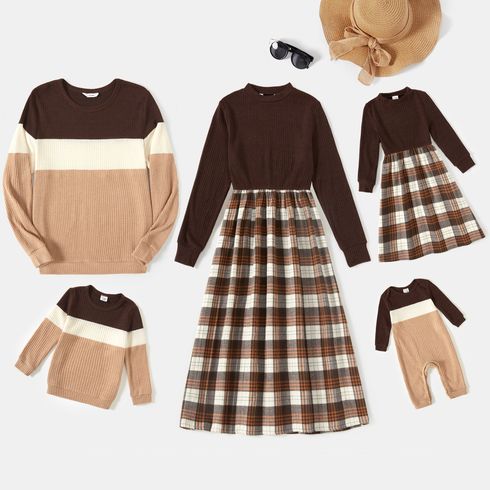 Family Matching Long-sleeve Mock Neck Rib Knit Spliced Plaid Dresses and Colorblock Tops Sets