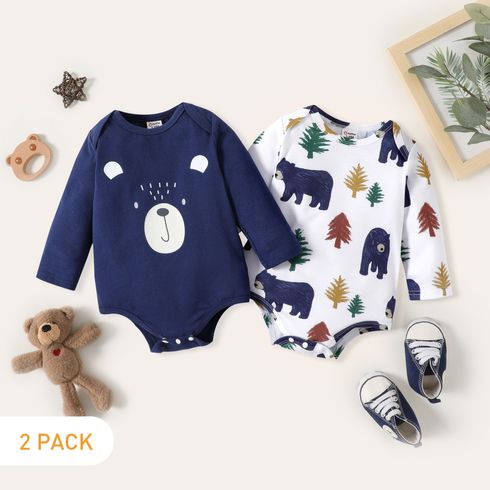 2-Pack Baby Boy 95% Cotton Long-sleeve Bear Print Rompers Set