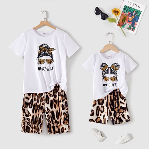 Mommy and Me Figure & Letter Print Short-sleeve T-shirts with Leopard Shorts Matching Sets