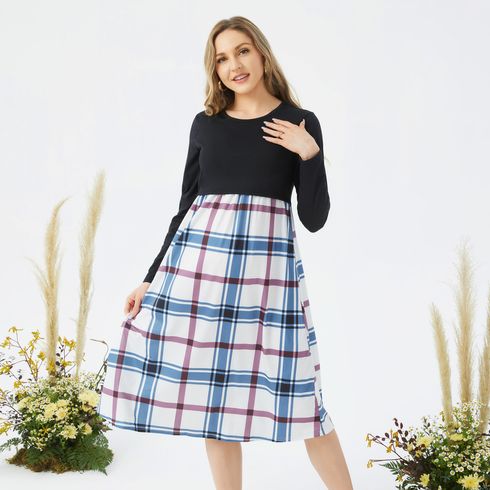 Nursing Plaid Panel Long-sleeve Dress