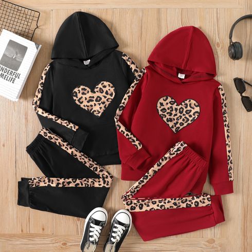 2pcs Kid Girl Leopard Heart Print Hoodie Sweatshirt and Pants Set