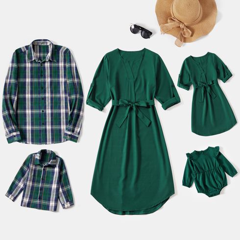 Family Matching Green Long-sleeve Plaid Shirts and Solid V Neck Half-sleeve Belted Dresses Sets