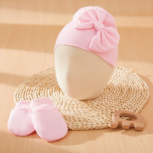 2-pack Baby Bow Decor Simple Plain Beanie Hat & Anti-scratch Glove Set