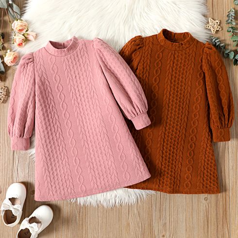 Toddler Girl Cable Knit Textured Mock Neck Long Puff-sleeve Dress