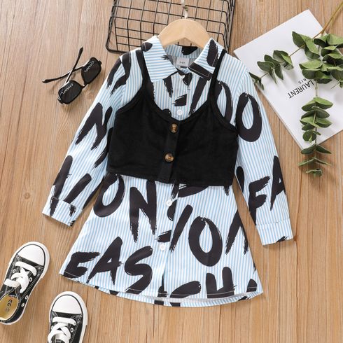 2pcs Toddler Girl Letter Print Stripe Lapel Collar Long-sleeve Dress and Camisole Set