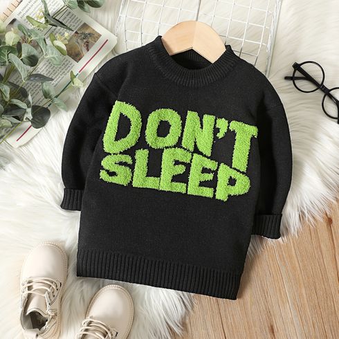 Toddler Boy Playful Letter Terry Patch Embroidered Black Sweater
