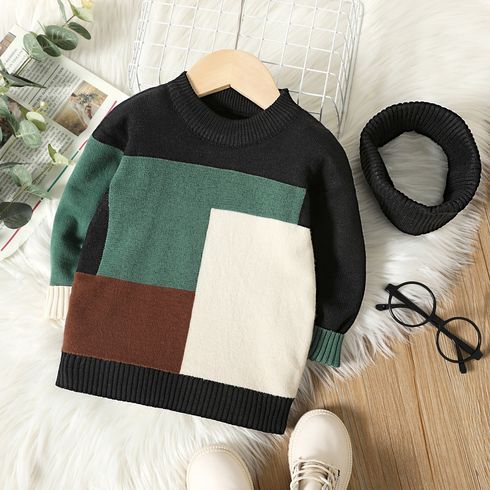 2pcs Toddler Boy Casual Colorblock Knit Sweater and Scarf