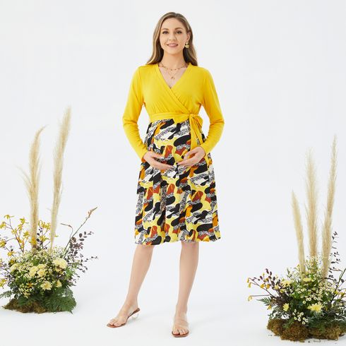 Nursing Geometric Panel Long-sleeve Belted Dress