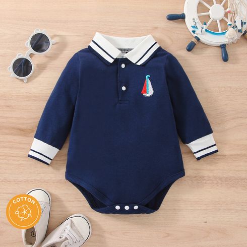 Baby Boy 95% Cotton Long-sleeve Contrast Collar Sailboat Embroidered Romper
