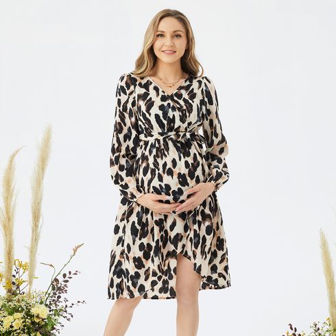 Nursing Allover Leopard Print Long-sleeve Belted Dress