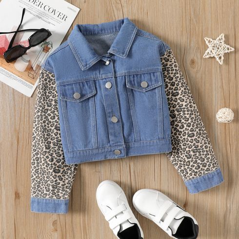 Kid Girl Leopard Print Splice Lapel Collar Denim Jacket