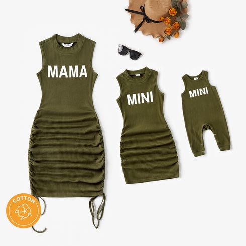 Letter Print Army Green Rib Knit Mock Neck Drawstring Ruched Bodycon Tank Dress for Mom and Me