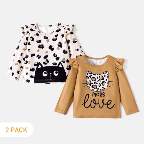 2-Pack Toddler Girl Cat Print Ruffled Long-sleeve Tee
