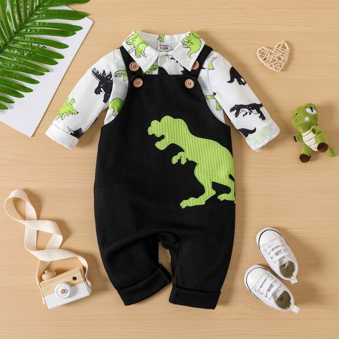 2pcs Baby Boy Allover Dinosaur Print Long-sleeve Shirt and Overalls Set