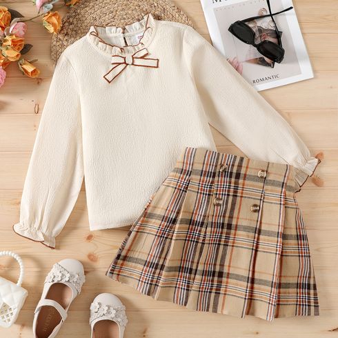 2pcs Kid Girl Preppy style Ruffle Collar Bowknot Design Long-sleeve Blouse and Plaid Pleated Skirt Set