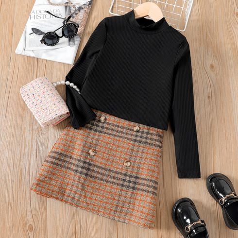 2pcs Kid Girl Mock Neck Long-sleeve Black Tee and Plaid Blend Skirt Set