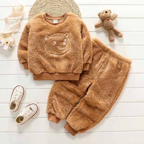 2pcs Toddler Boy Bear Pattern Fleece Brown Pullover Sweatshirt and Pants set