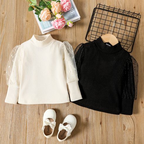 Toddler Girl Solid Color Mock Neck Mesh Design Ribbed Long-sleeve Tee
